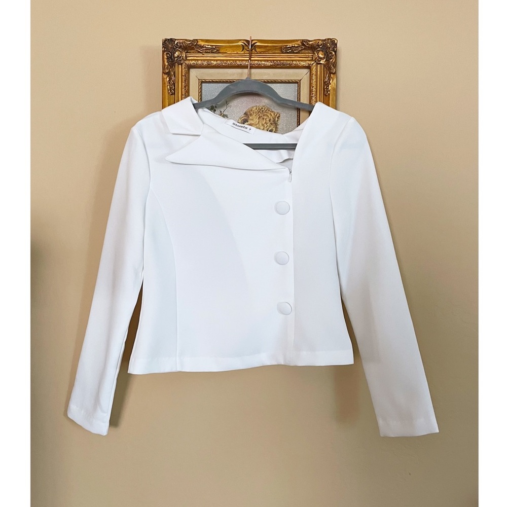 STORETS White Asymmetrical Button Bateau Collared Zip Long Sleeve Retro Top S